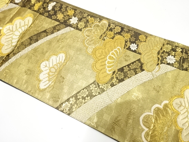 JAPANESE KIMONO / FUKURO OBI FOR FURISODE / SILK / WOVEN KASAMATSU & BAMBOO & KIKU & MAPLE
